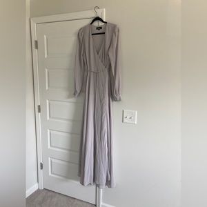 Lulu’s light gray chiffon wrap dress